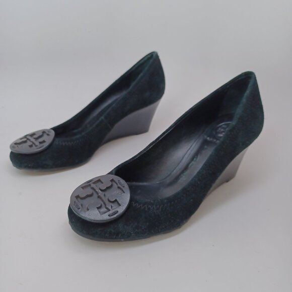Tory Burch Shoes Sophie Miller Black Suede Wedge Leather Logo on Toe Womens 5 M - Picture 7 of 14